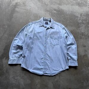 Vintage 90's GAP light wash faded distressed denim blank button up work shirt